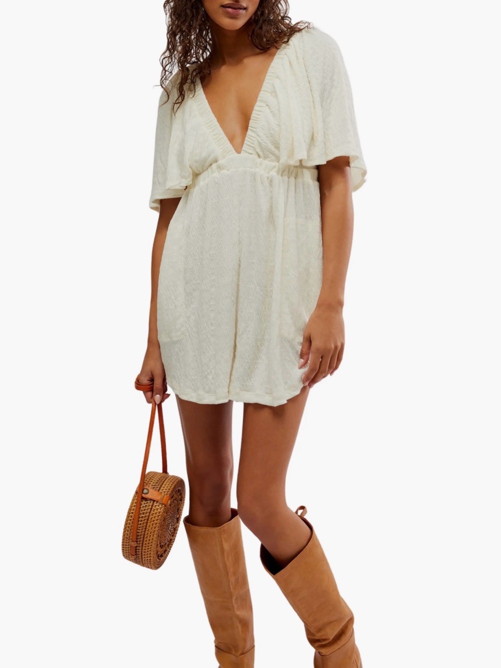 Free People Women's Cream V-Neck Short Sleeve Romper